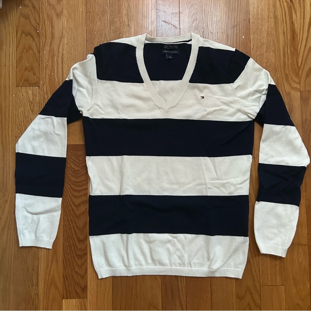 Tommy Hilfiger navy blue and white striped V neck sweater jumper long sleeve